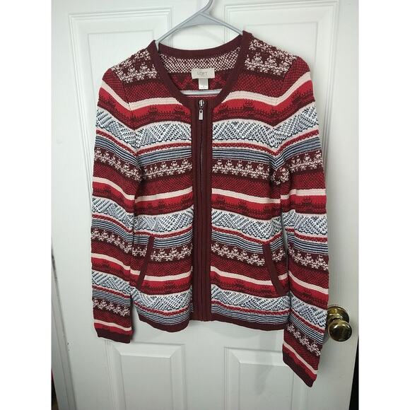 Loft Woman S Cardigan Fair Isle Pocket Front Zip Long Sleeve Cabin Core - Picture 1 of 9